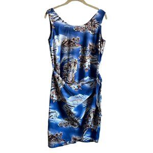Hilo Hattie Hawaii Womens Dress Faux Wrap Blue‎ Sleeveless Hibiscus Guitar Sz M